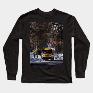 Parked School Bus in Winter Long Sleeve T-Shirt